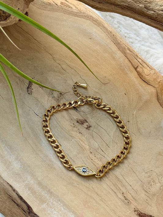 Evil Eye + Gold Curb Chain Bracelet