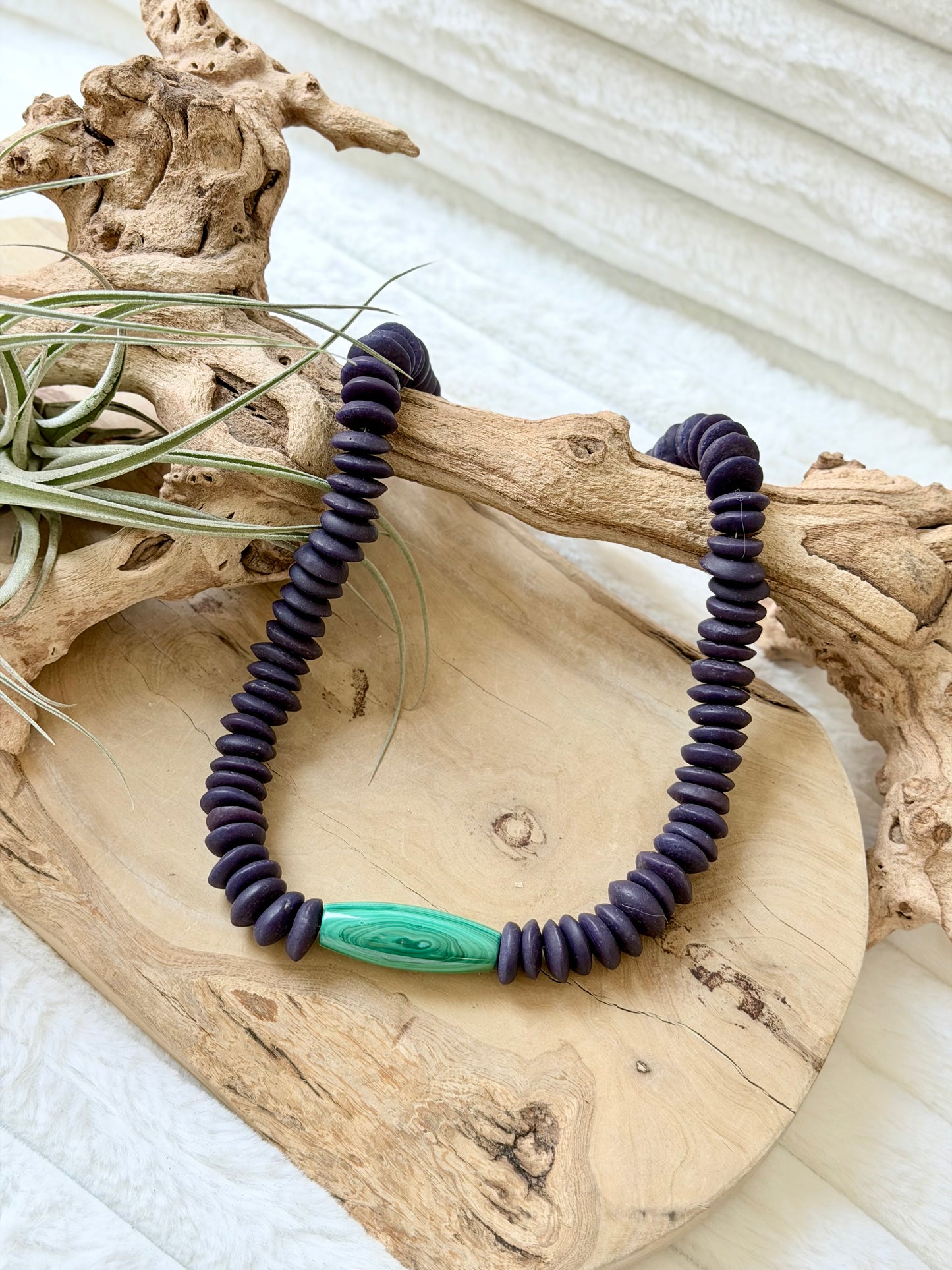 Malachite + Dark Purple African Glass Chunky Necklace