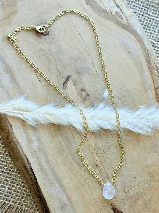 Rainbow Moonstone Teardrop + Matte Gold Necklace