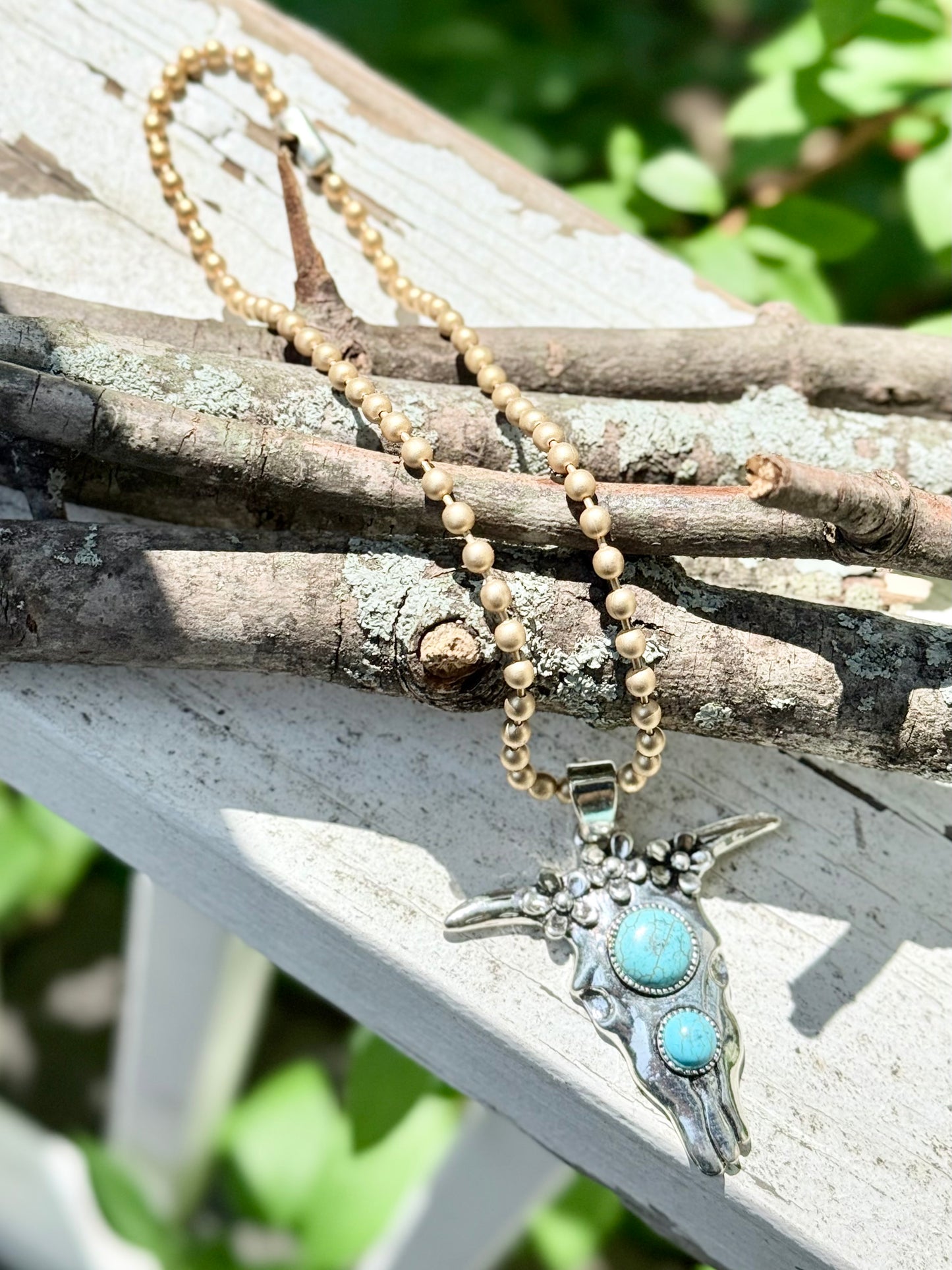 Turquoise + Mixed Metal Cow Skull Necklace