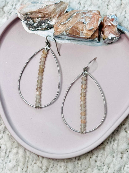 Moonstone + Matte Silver Teardrop Earrings