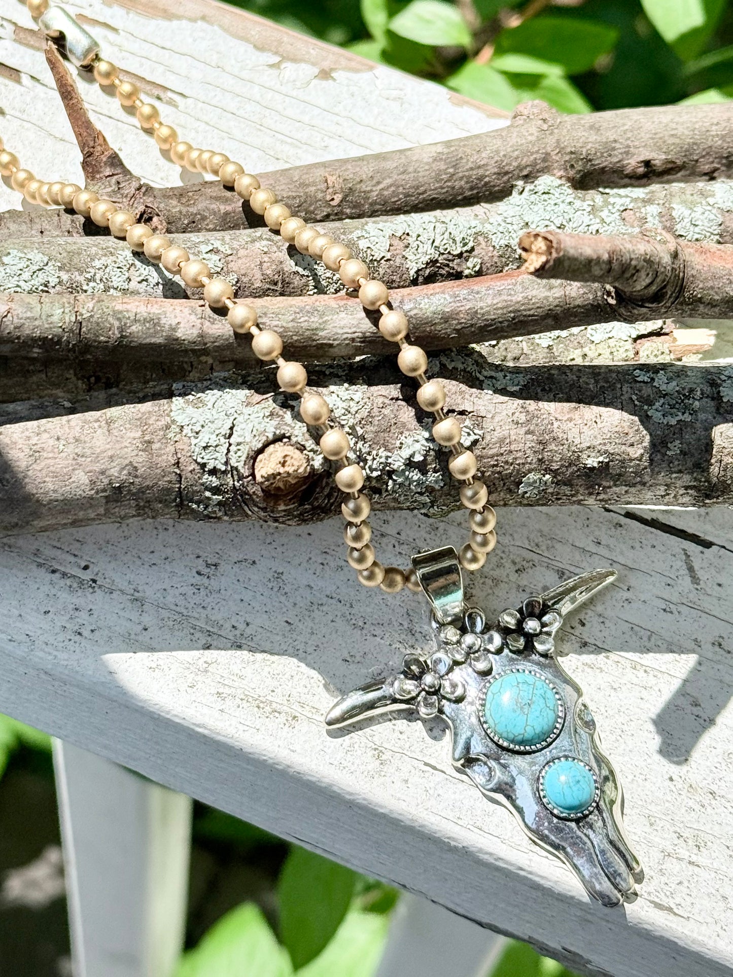 Turquoise + Mixed Metal Cow Skull Necklace