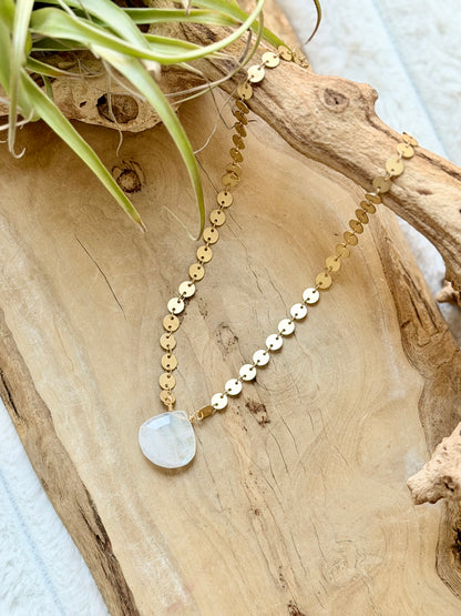 Rainbow Moonstone + Matte Gold Sequin Necklace