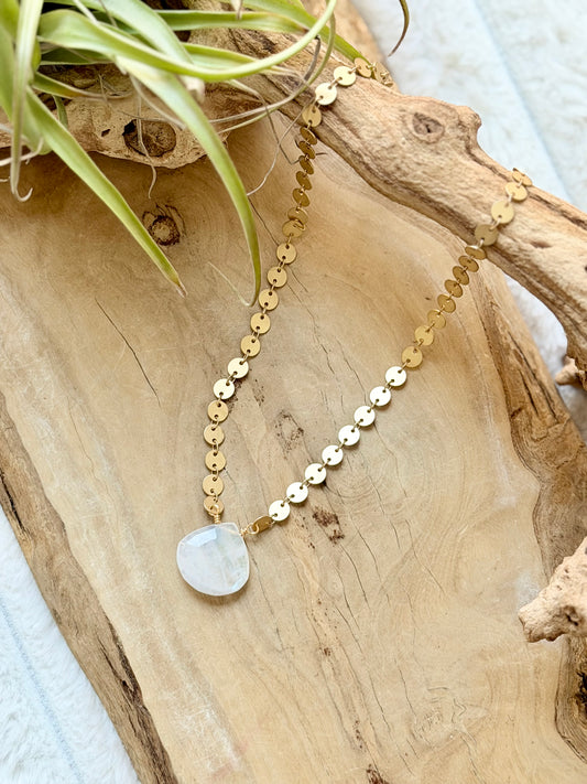 Rainbow Moonstone + Matte Gold Sequin Necklace