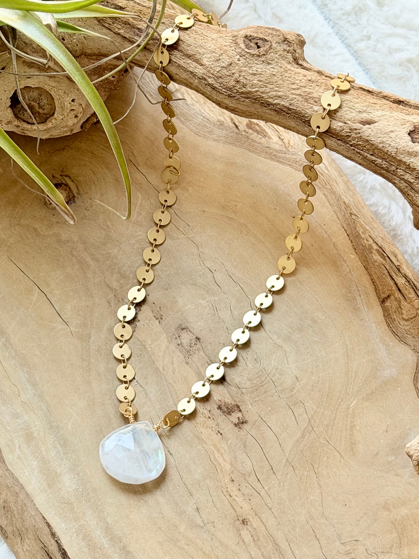 Rainbow Moonstone + Matte Gold Sequin Necklace