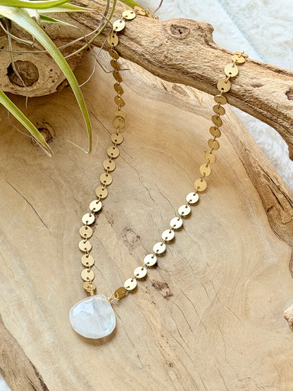 Rainbow Moonstone + Matte Gold Sequin Necklace