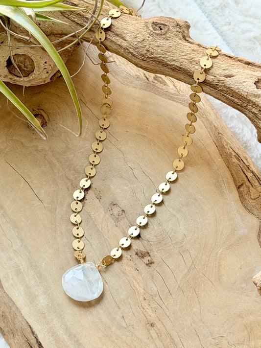 Rainbow Moonstone + Matte Gold Sequin Necklace