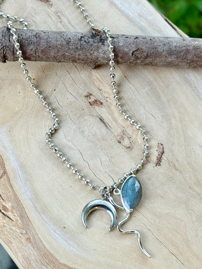 Labradorite Evil Eye + Silver Snake Necklace