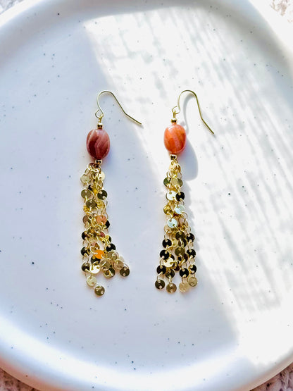 Brown Rhodochrosite + Gold Sequin Duster Earrings