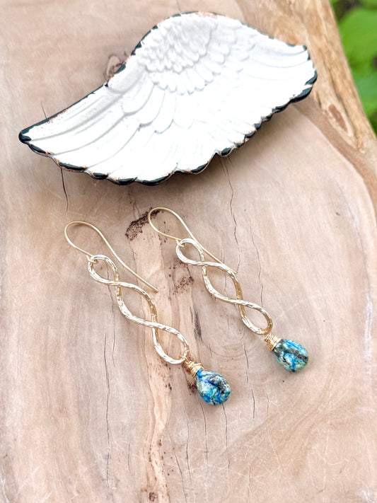 Azurite + Matte Gold Infinity Earrings