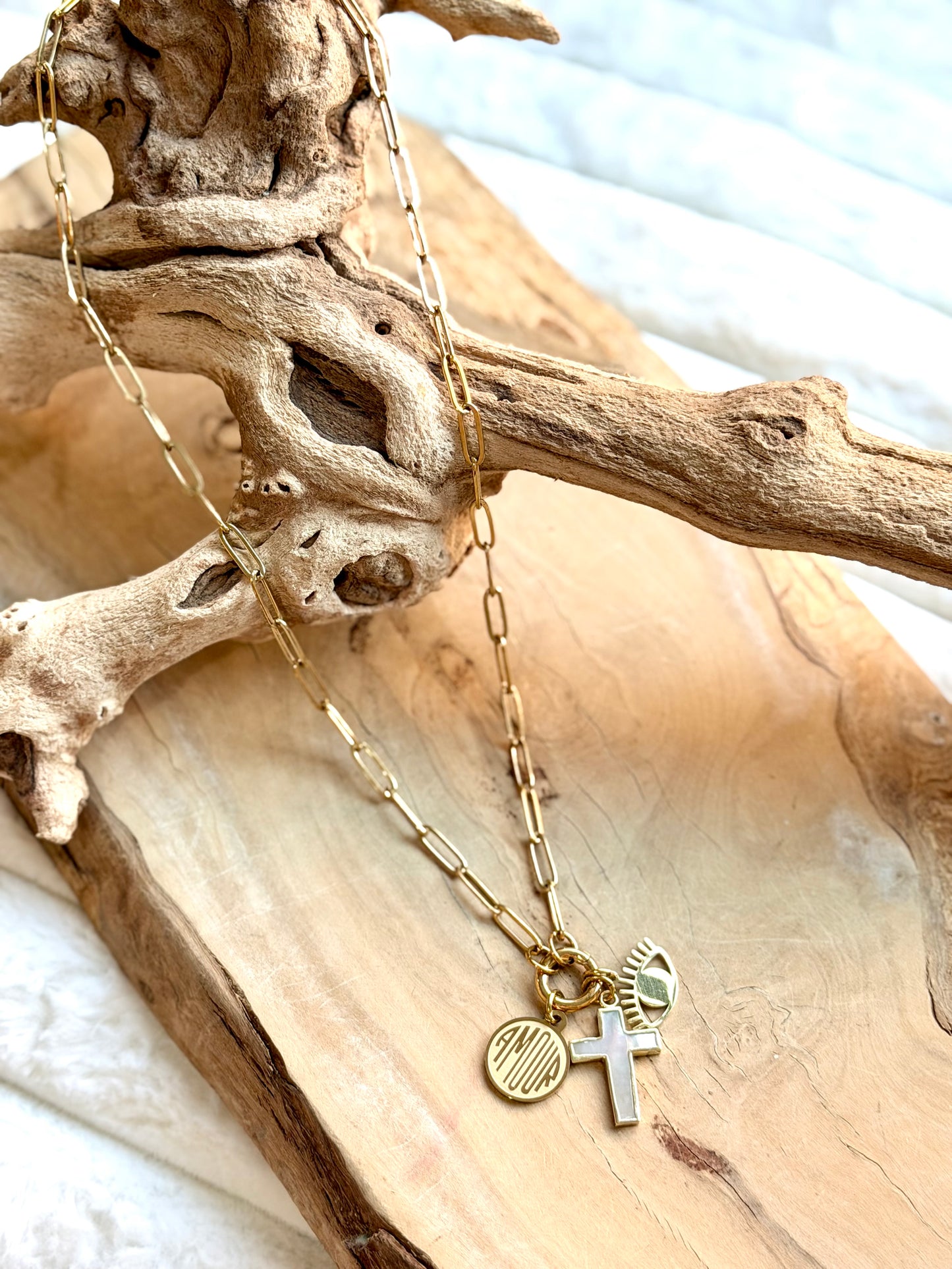 Mother of Pearl Cross + Gold Stainless Steel Necklace