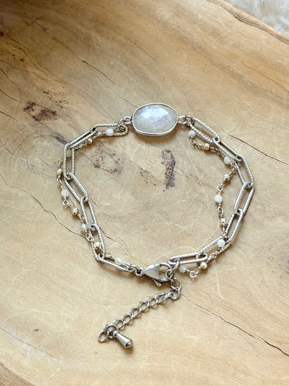 Rainbow Moonstone + Pyrite Duet Bracelet in Stainless Steel