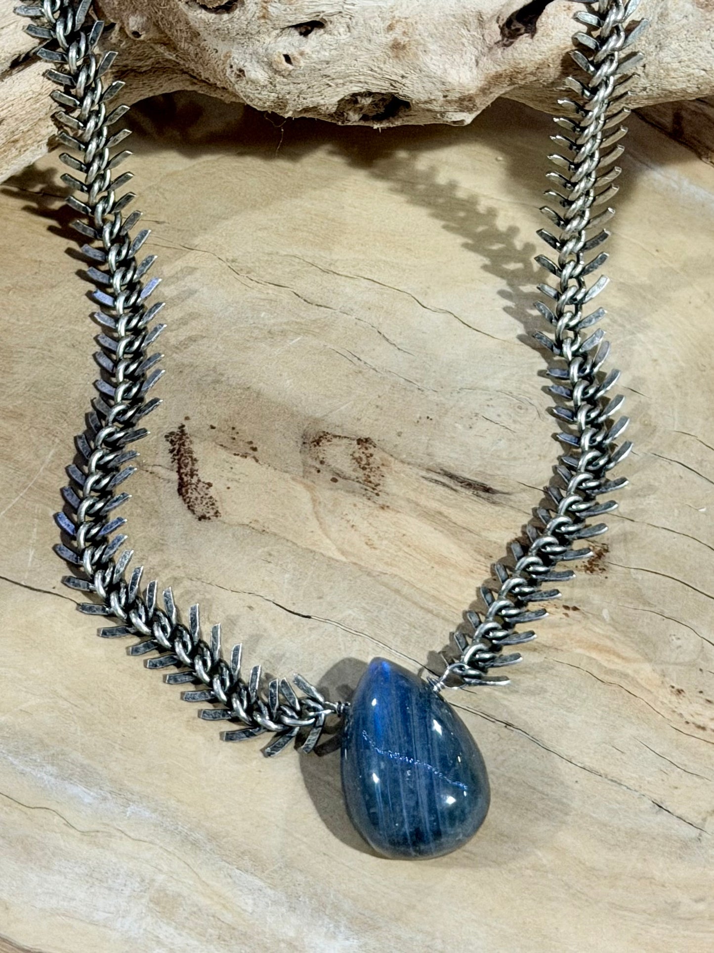 Labradorite + Antique Silver Fishbone Necklace