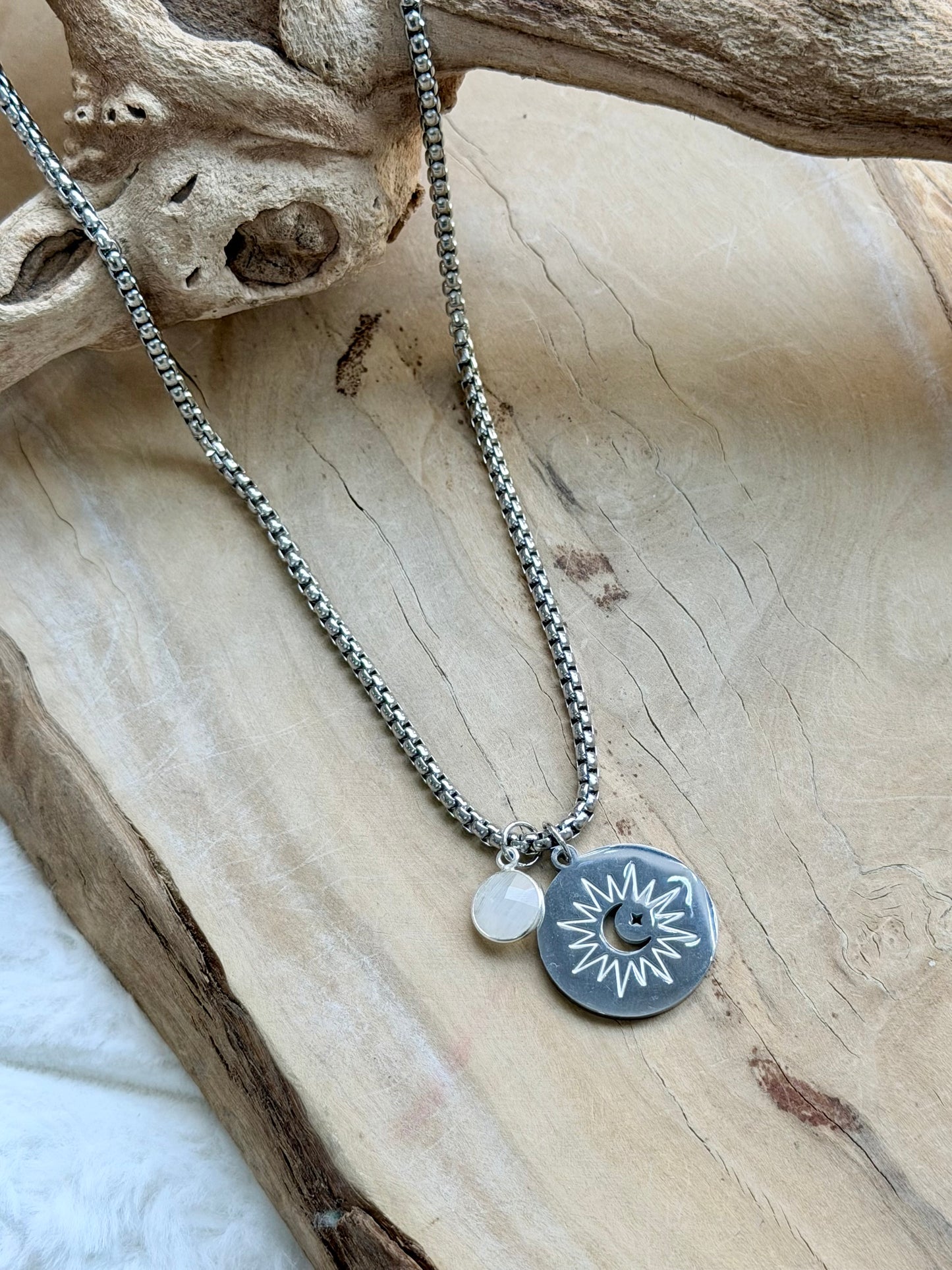 Rainbow Moonstone + Silver Celestial Necklace