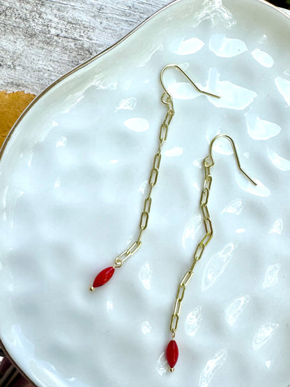 Red Coral + Gold Paperclip Duster Earrings