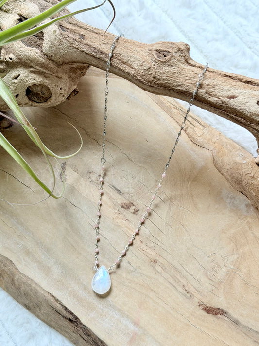 Rainbow Moonstone + Pink Opal Silver Necklace