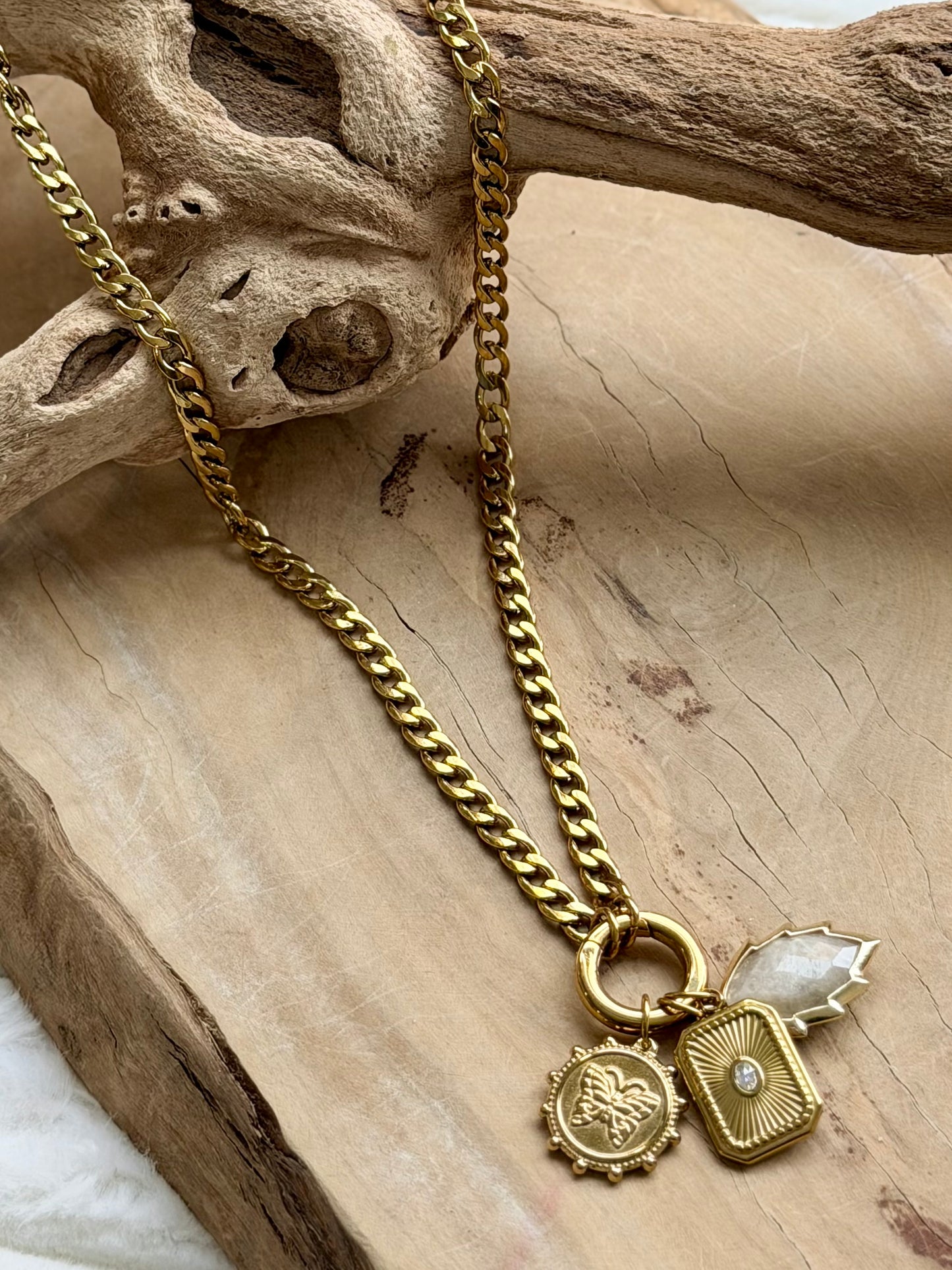 White Moonstone + Butterfly Gold Carabiner Stainless Steel Necklace