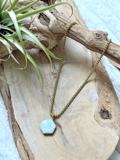 Blue Opal Hexagon + Gold Stainless Steel Necklace