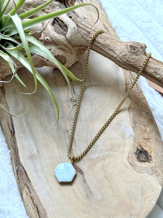Blue Opal Hexagon + Gold Stainless Steel Necklace