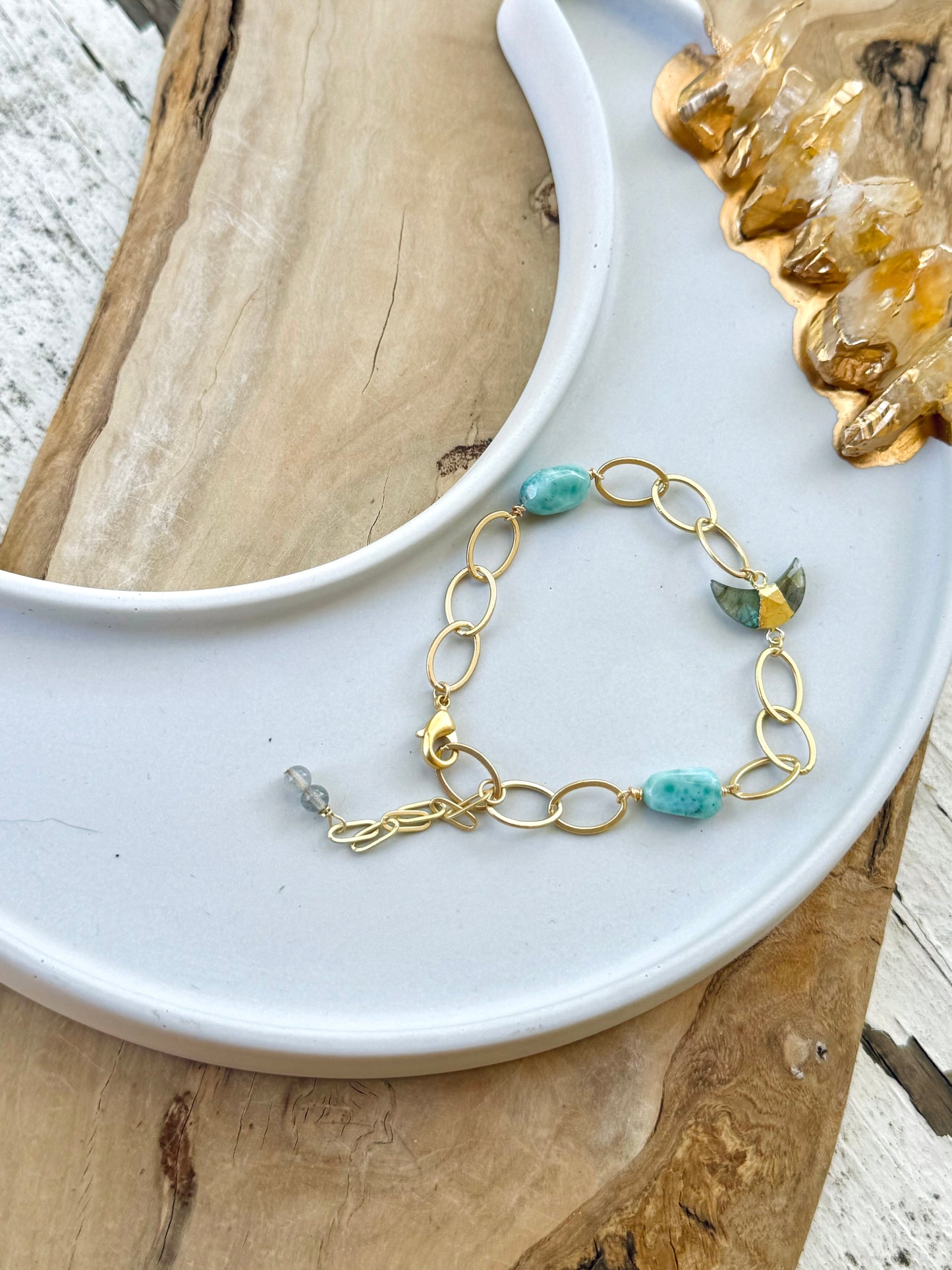 Labradorite + Larimar Gold Gemstone Moon Bracelet