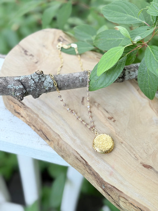 Chocolate Moonstone + Gold Circle Locket Necklace
