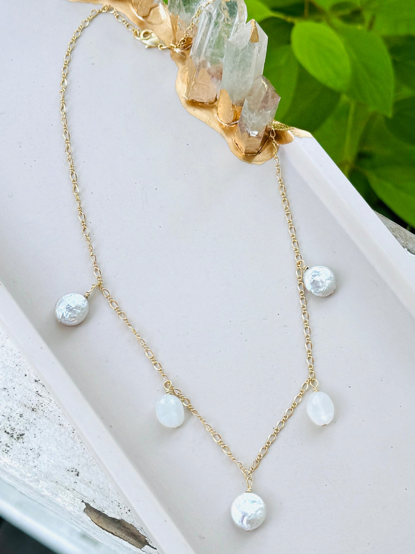 Freshwater Pearl + Moonstone Matte Gold Necklace