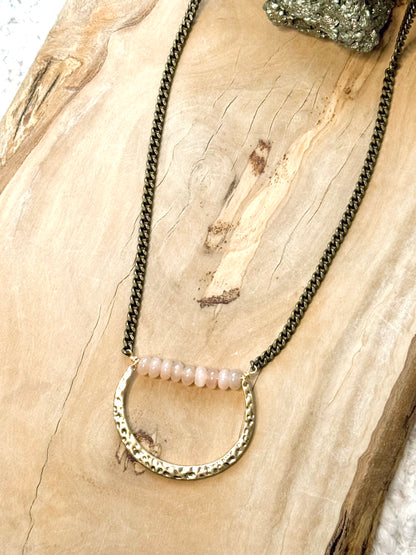 Peach Moonstone + Mixed Metals Horseshoe Necklace