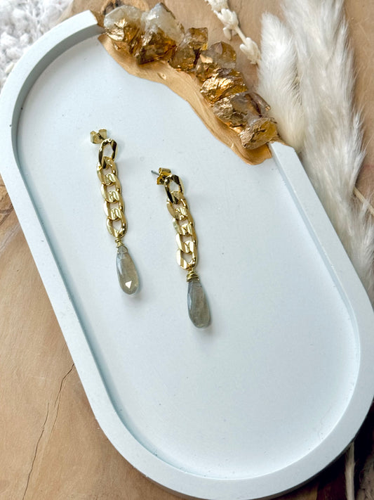 Labradorite + Gold Curb Chain Earrings