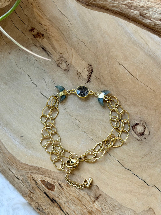 Tourmaline in Quartz + Emerald Gold Moon Bracelet