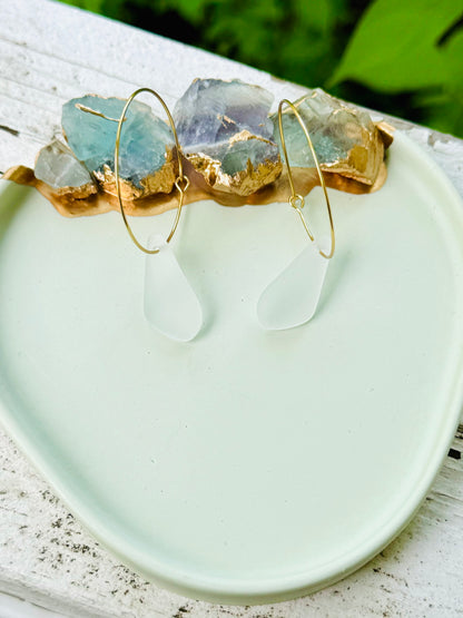 Frosted Sea Glass + Gold Hoop Earrings