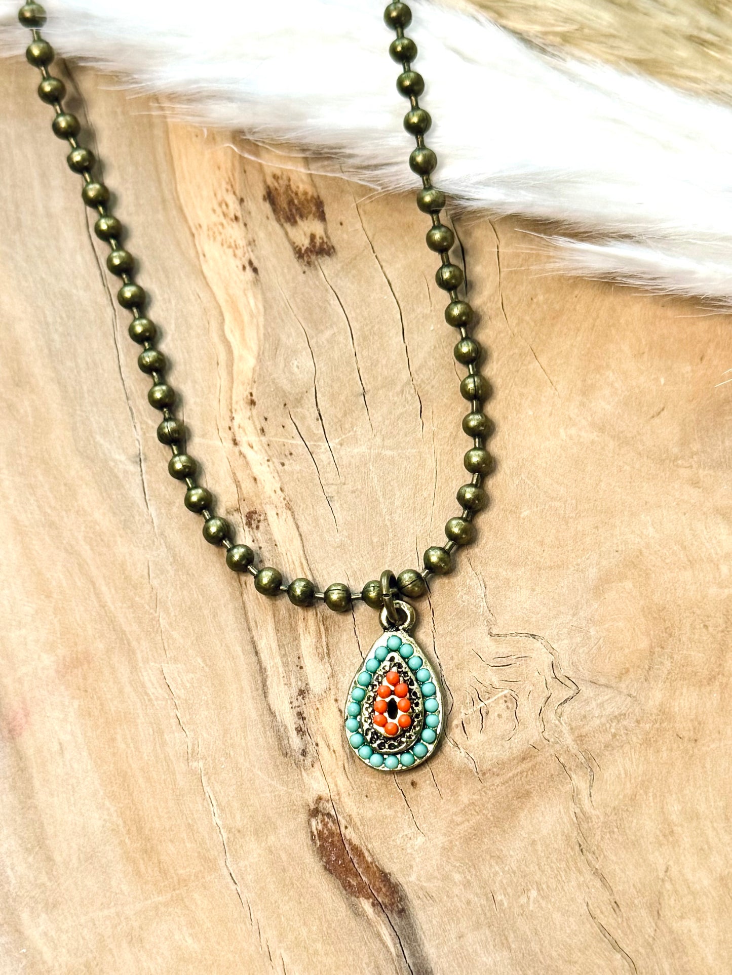 Beaded Teardrop + Antique Brass Necklace