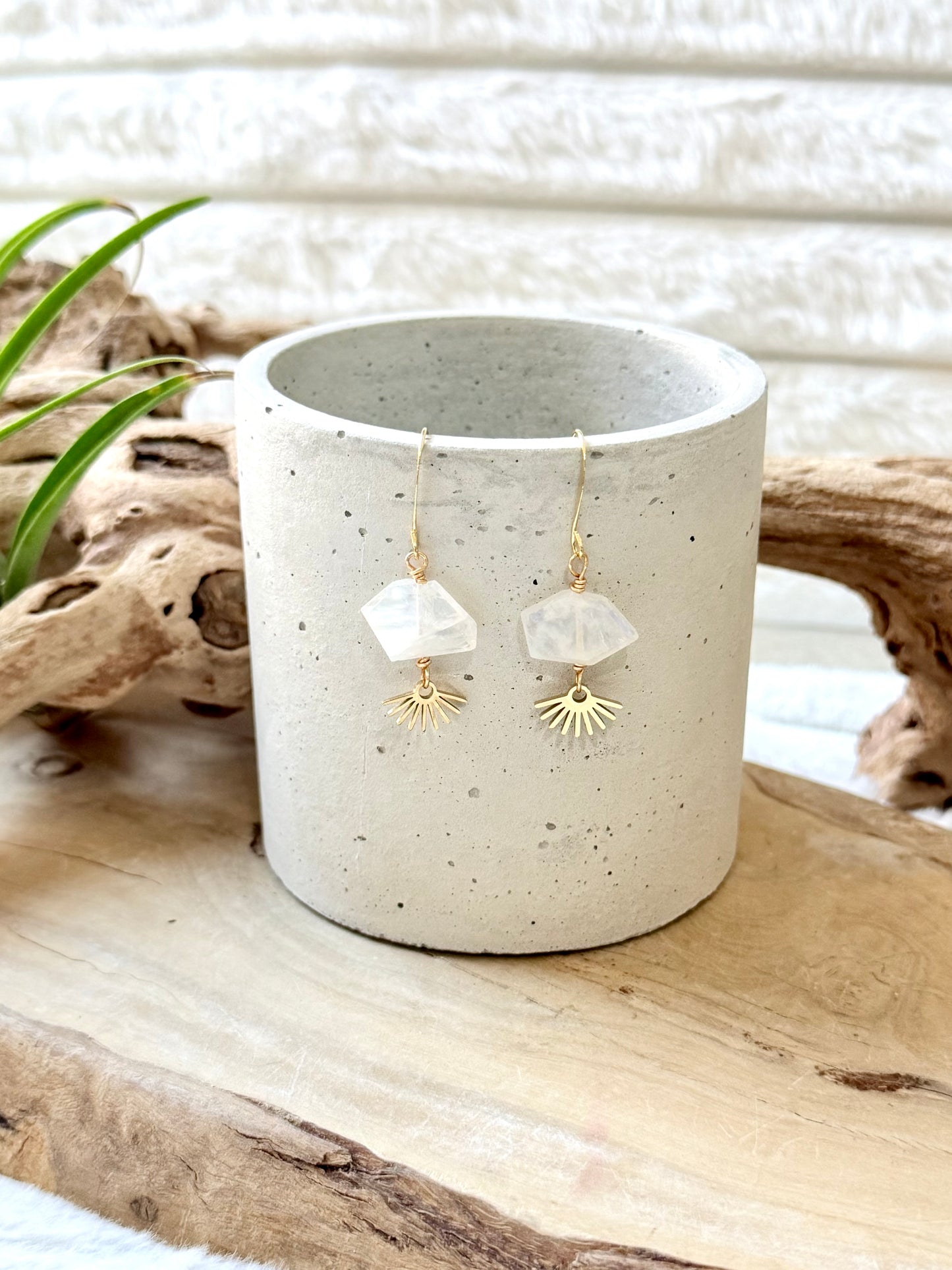 Rainbow Moonstone + Gold Sun Burst Earrings