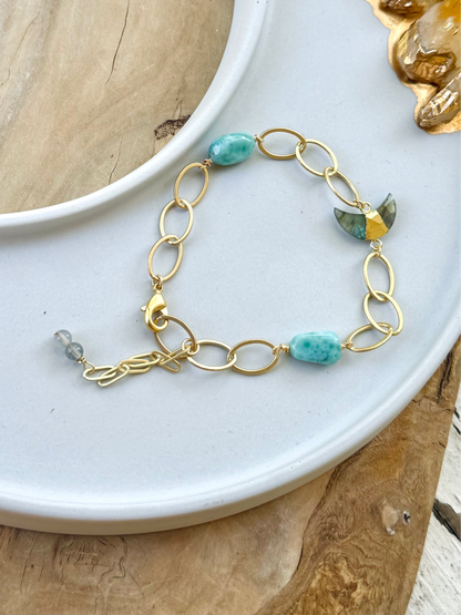 Labradorite + Larimar Gold Gemstone Moon Bracelet