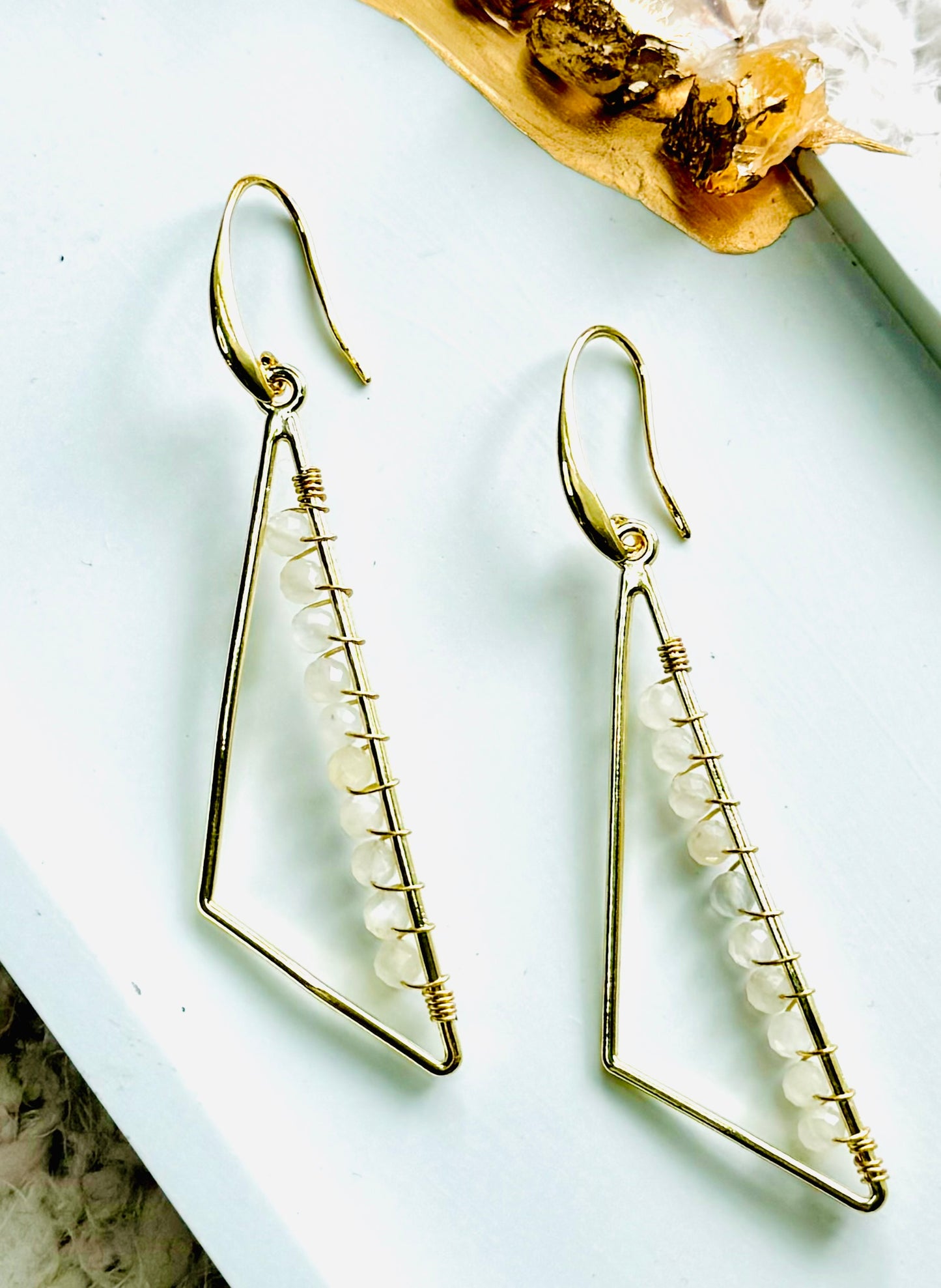 White Moonstone + Gold Triangle Earrings