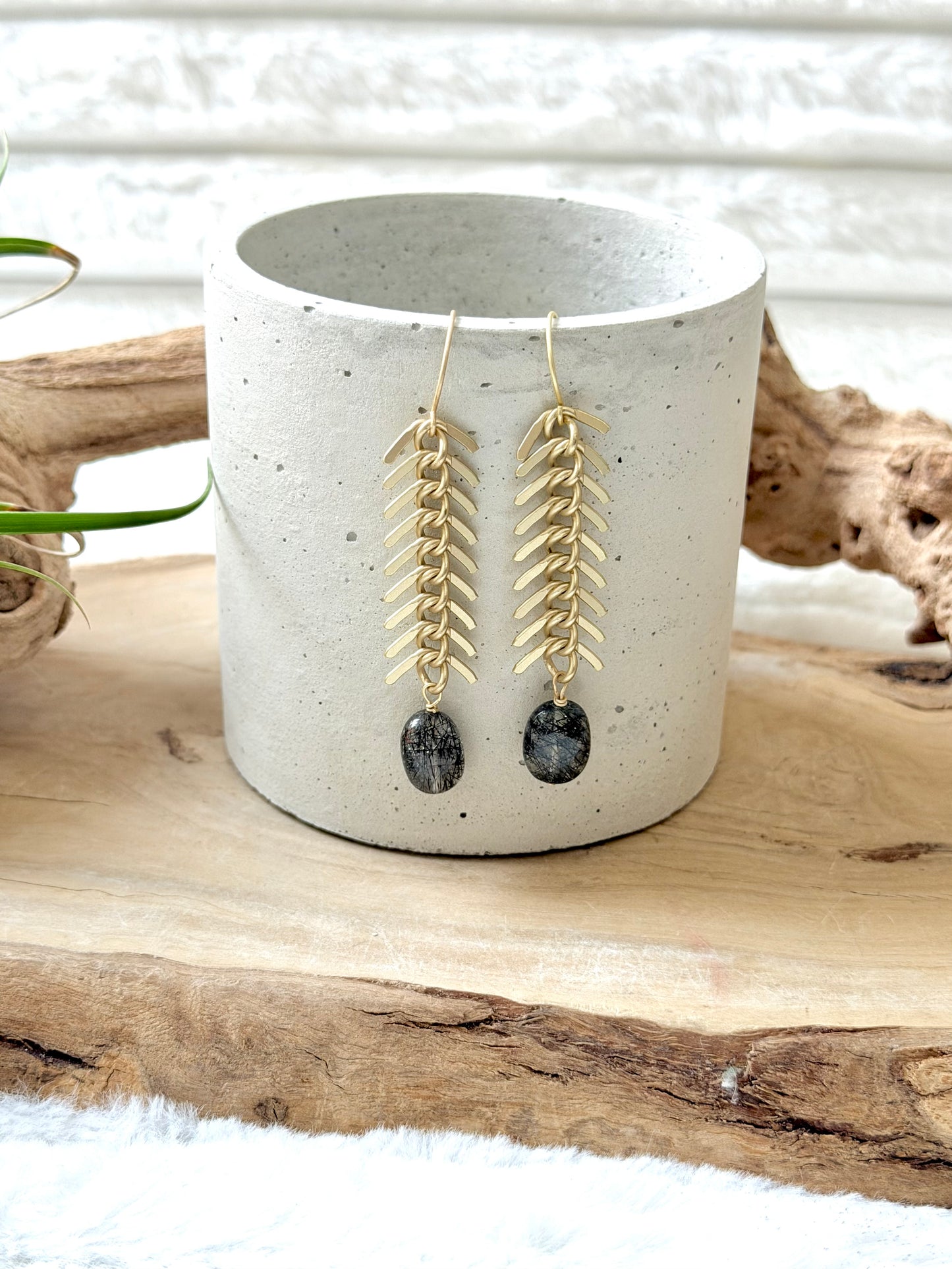 Rutile Tourmaline Quartz +  Matte Gold Fishbone Earrings