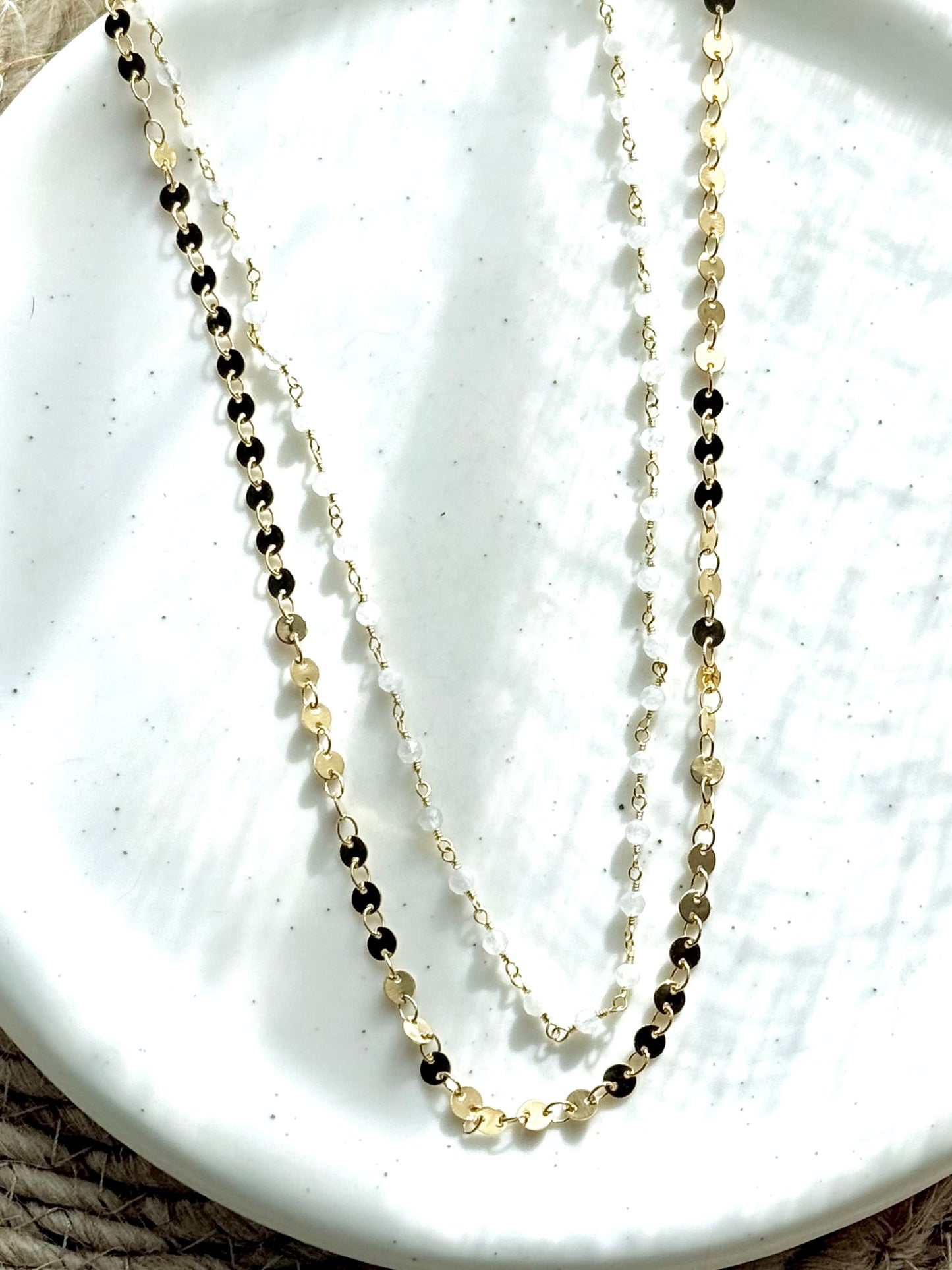 Rainbow Moonstone + Gold Sequin Duet Necklace