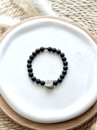 Matte Black Onyx + Pyrite Gold Chunky Charm Band