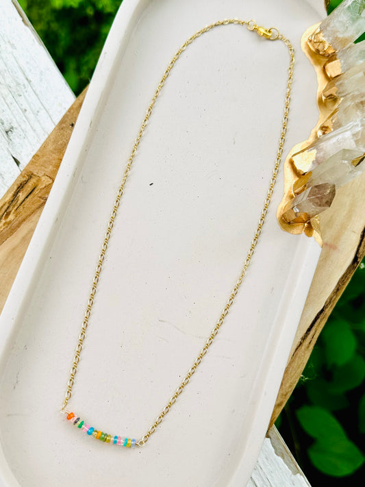 Rainbow Ethiopian Opal + Matte Gold Chain Mini Bar Necklace