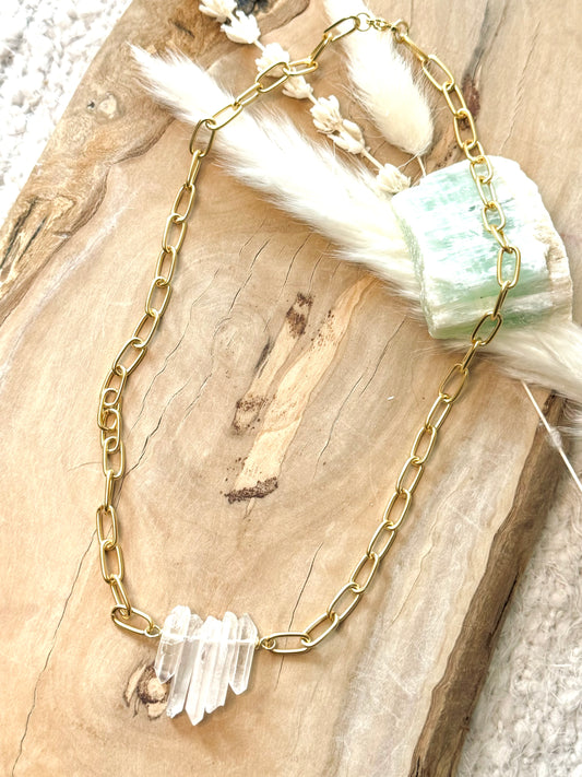 Raw Clear Quartz + Matte Gold Necklace