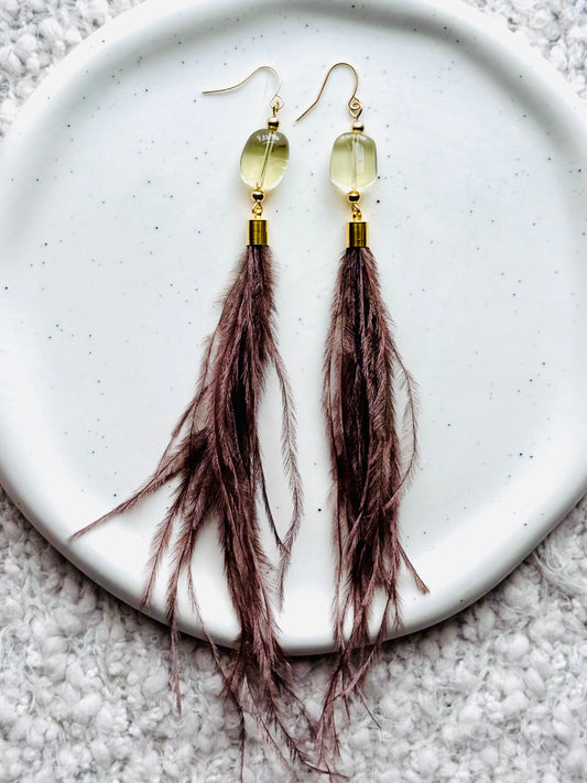 Smokey Lemon Quartz + Gold Brown Feather Earrings