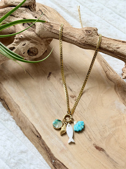 Moonstone Fish + Turquoise Shell Carabiner Herringbone Necklace