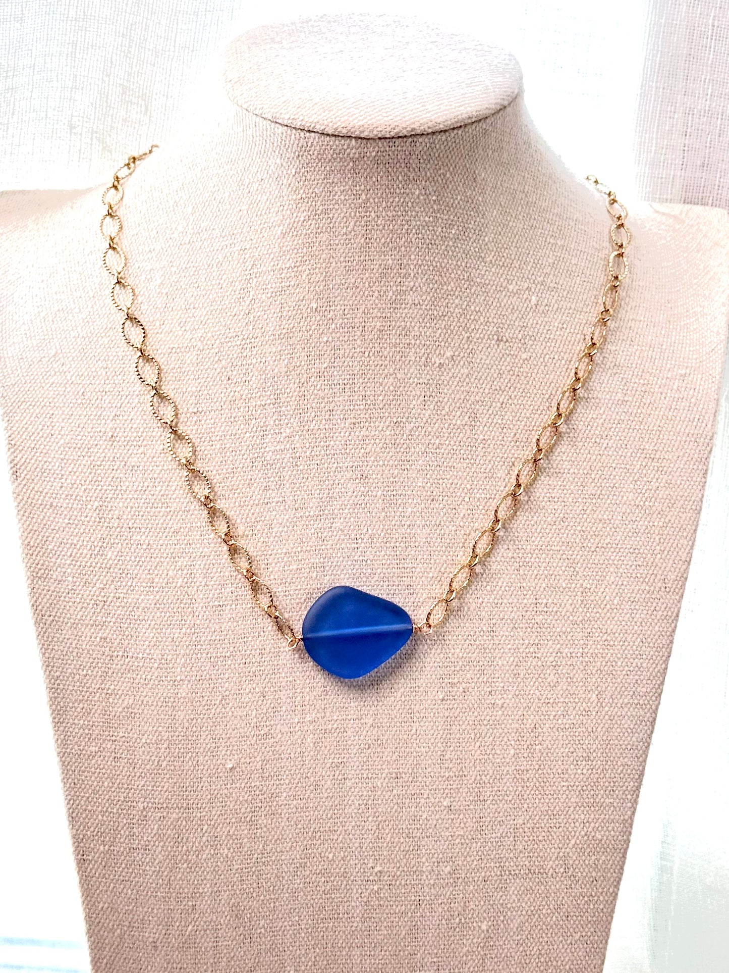 Blue Sea Glass + Gold Necklace