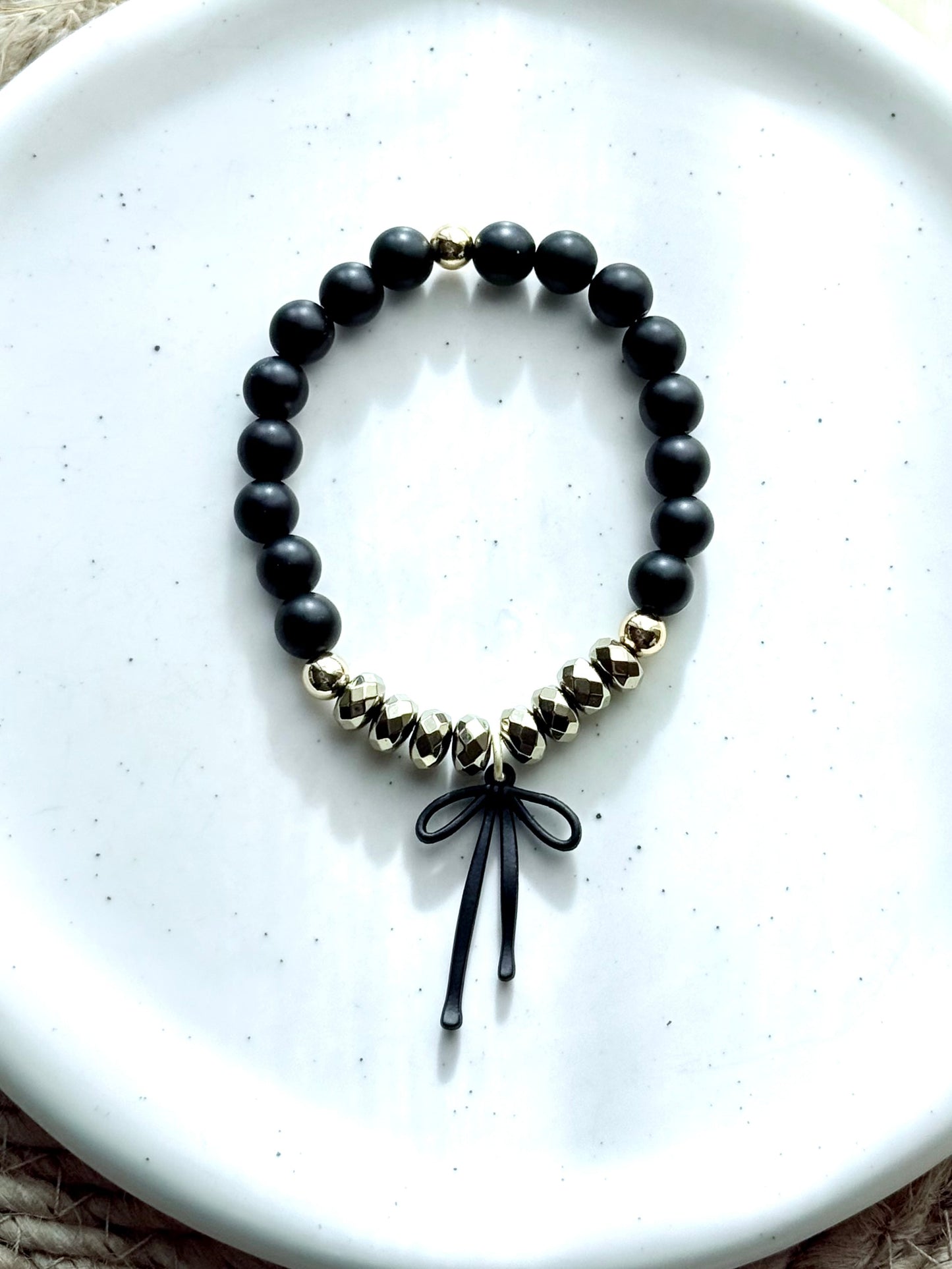 Matte Black Onyx + Champagne Hematite -  Black Bow Band