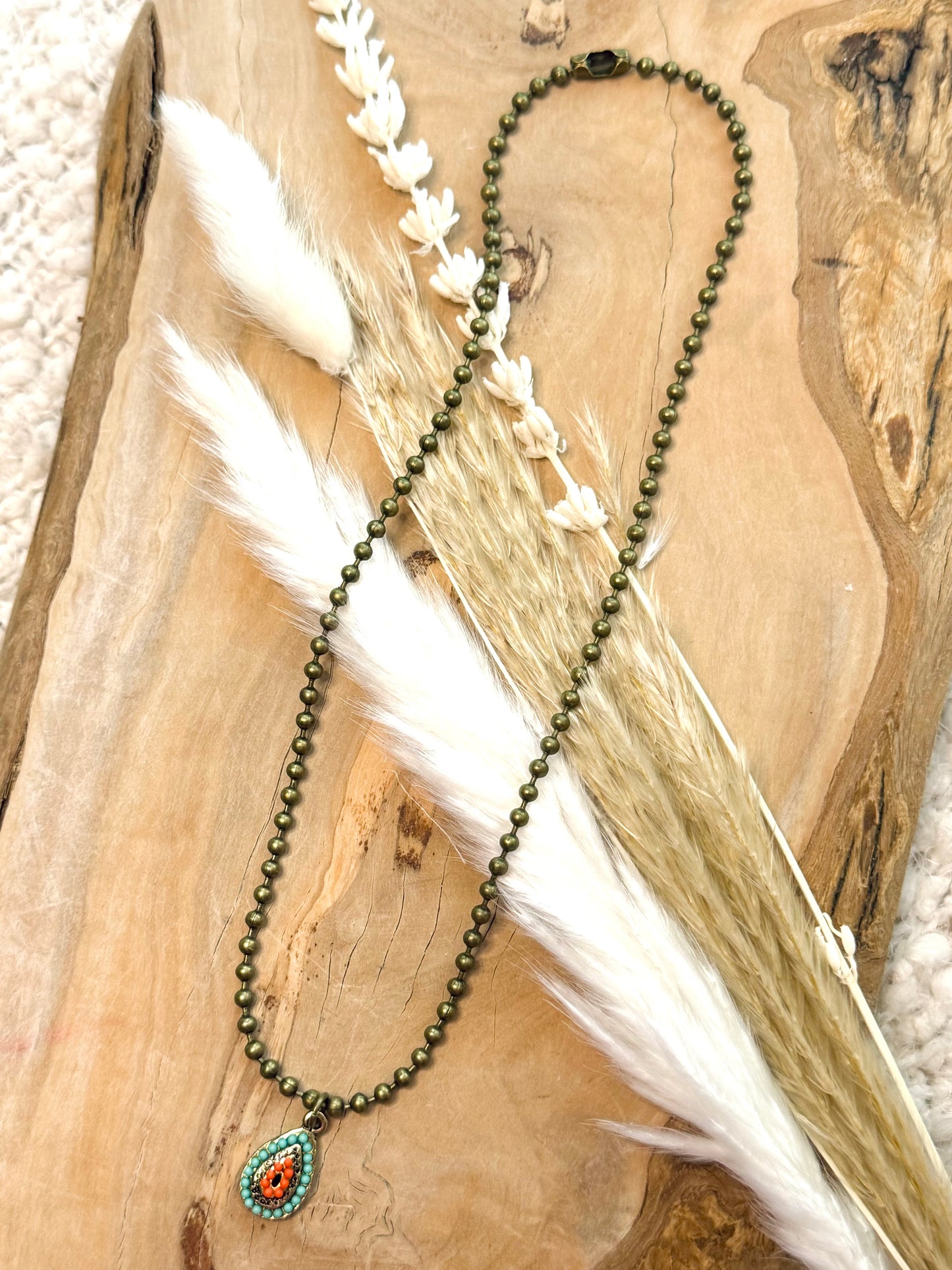 Beaded Teardrop + Antique Brass Necklace