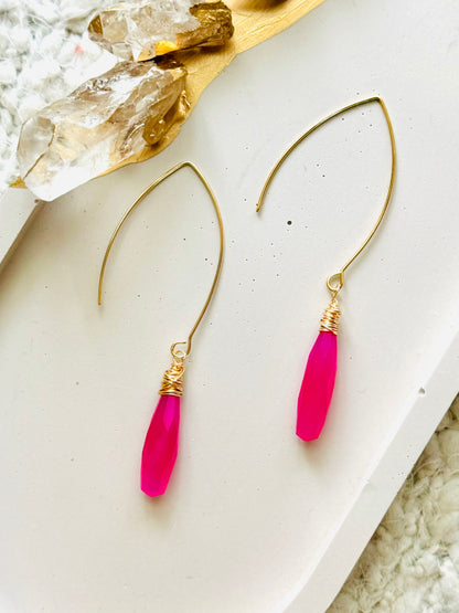 Bright Pink Chalcedony + Gold Earrings