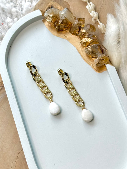 White Opal + Gold Curb Chain Earrings