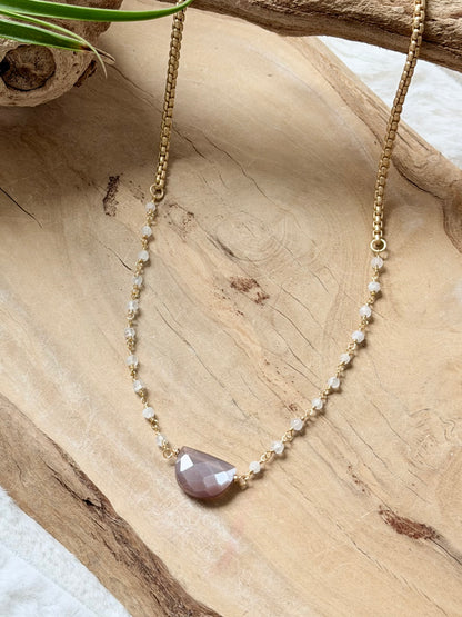 Chocolate Moonstone + Rainbow Moonstone Matte Gold Necklace