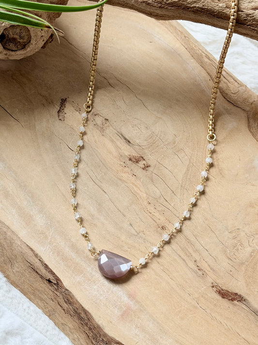 Chocolate Moonstone + Rainbow Moonstone Matte Gold Necklace