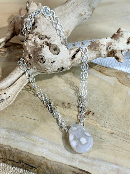 Cherry Blossom Agate + Silver Necklace