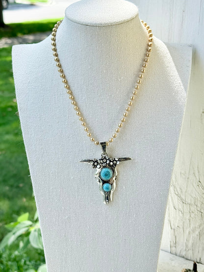 Turquoise + Mixed Metal Cow Skull Necklace
